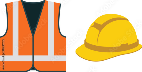 Safety construction gear vector set with orange high visibility vest and yellow hard hat isolated on white background