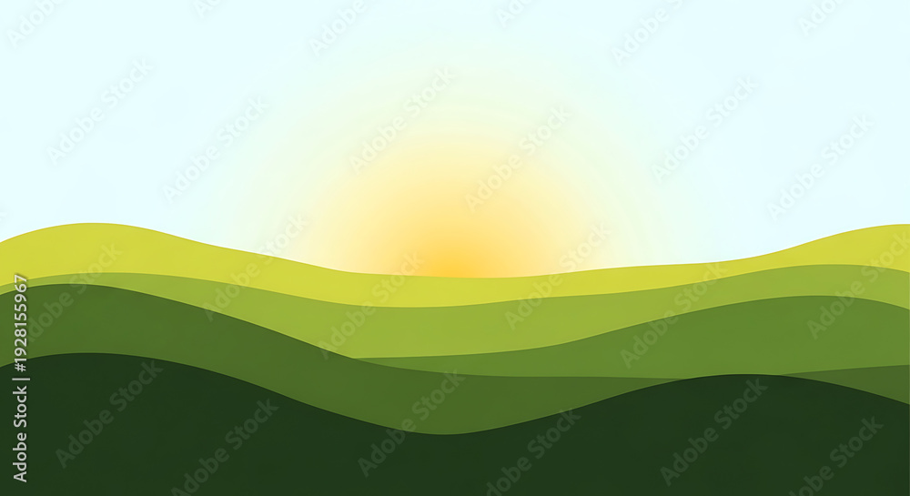 Fototapeta premium Sunrise over rolling green hills, a beautiful landscape celebrating the spirit of International Day of Forests and nature's bounty