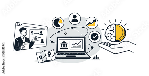 Financial Insights Collage. Modern minimal flat vector conceptual collage, crisp hard edges, consistent THIN outline stroke,