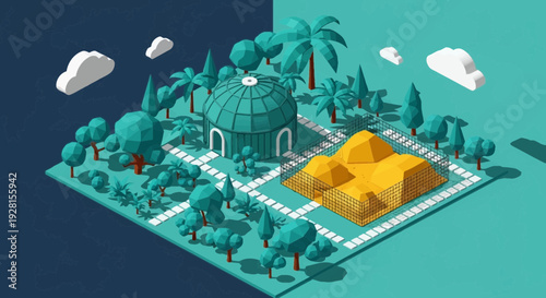 3D Isometric Illustration of Fantasy Castle Landscape.