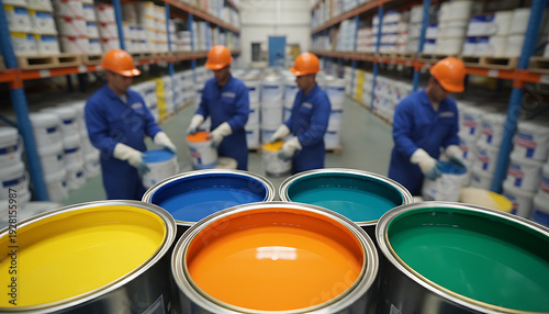 Factory workers in blue uniforms, orange helmets process colorful paint cans on assembly line. Industrial warehouse shelves stocked with paint containers Industrial Paint Manufacturing & Creative Prod