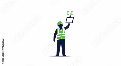 Man wearing safety vest holding sign.