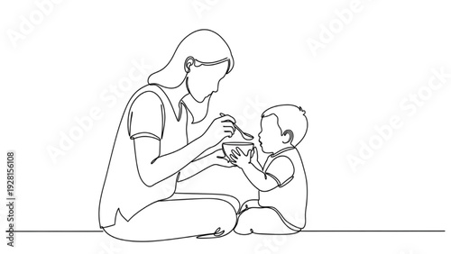 Black Continuous Line Art Mother Feeding Child with Spoon | One Line Parenting Care Illustration