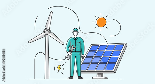 Engineer Inspecting Solar Panel and Wind Turbine.