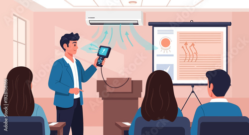 Man presenting to audience with remote control.