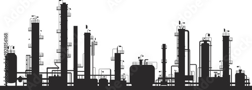 Black and white industrial factory with tall towers and interconnected pipes and tanks
