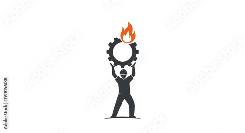 Man holding flaming gear above head.