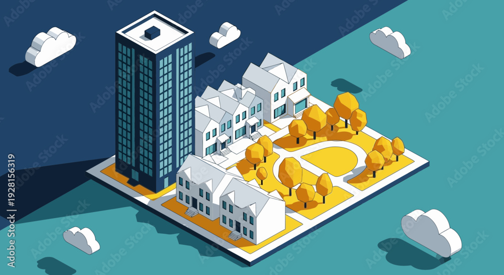 Fototapeta premium Isometric 3D Model of Modern Buildings and Trees.