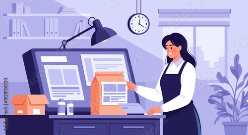 Woman Working on Computer at Desk.