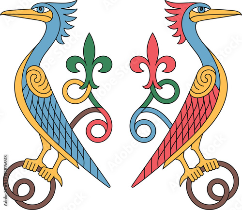Heraldic bird emblem illustration, medieval decorative crest with fleur de lis ornament colorful symmetrical vector design