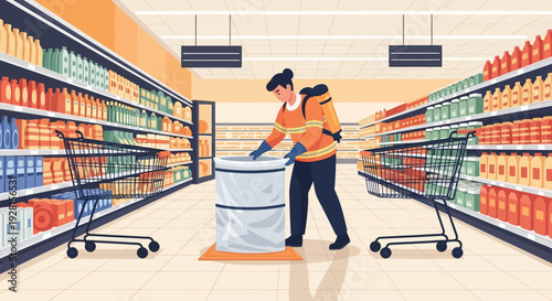 Woman Filling Shopping Cart in Grocery Store.
