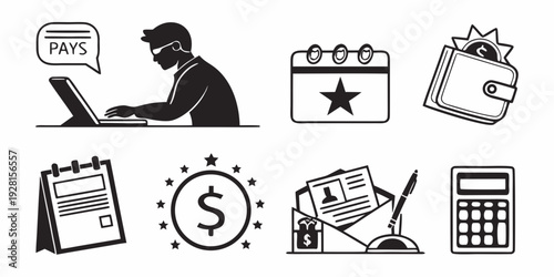 A man working on a laptop with various icons representing productivity and finance. Vector