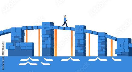 Man Walking on Broken Bridge Illustration.