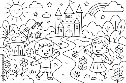 fairytale Magical Wonderland hand drawn vector illustration doodle art line art coloring page for kids