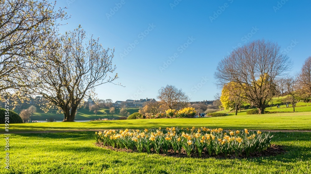 Fototapeta premium A peaceful early spring scene with flowers like crocuses and daffodils beginning to bloom under a clear blue sky.