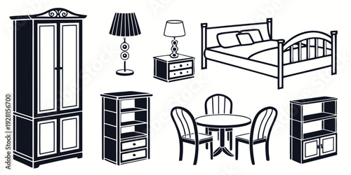 A variety of furniture items including beds, lamps, and tables in a room setting. Vector