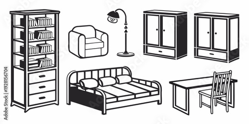 A variety of different types of furniture in a bedroom setting. Vector