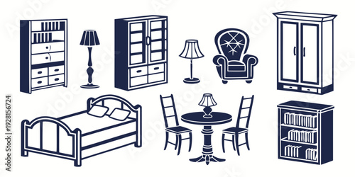 A variety of vintage furniture pieces including beds, tables, and cabinets Vector
