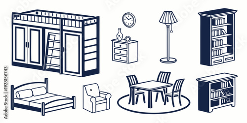 A collection of vintage furniture and decor items from the mid-20th century. Vector