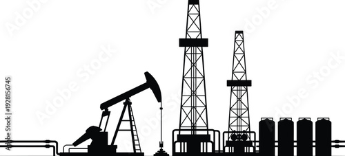 Black and white of oil drilling equipment and storage tanks on a white background oil rig industrial