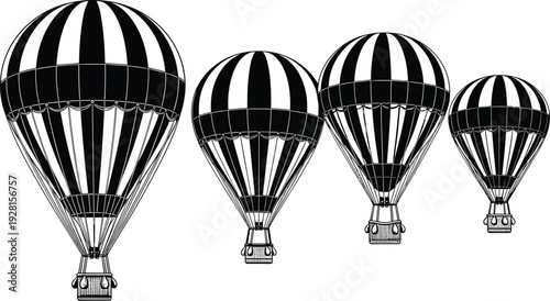 Hot air balloon illustration set, vintage striped aerostat flying adventure travel black and white vector collection