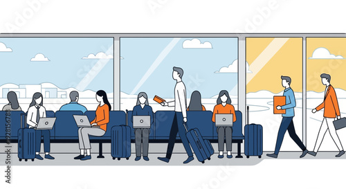 People Waiting at Airport Terminal Seating Area.