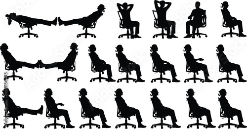 Office worker sitting on chair silhouettes collection showing different relaxed and working postures isolated vector illustration on white background