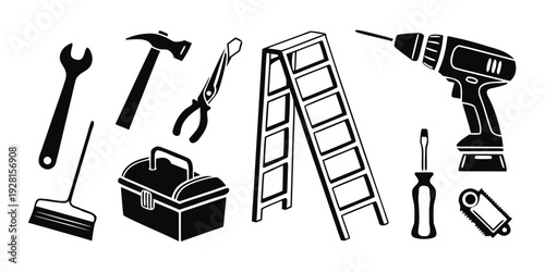 A variety of tools including hammers, pliers, a wrench, a screwdriver, and a drill. Vector