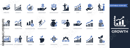 Growth icon set. Containing performance, increase, performance, profit, progress, stock, success, chart, evolution, and development icons.Perfect solid icon collection.