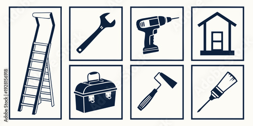 Assorted tools and equipment icons representing various construction and repair activities Vector