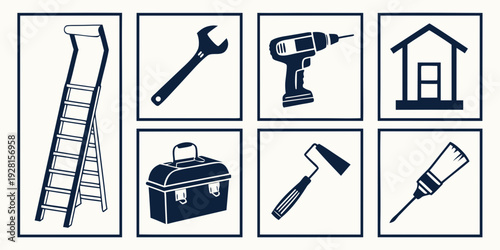 Assorted icons representing various tools and construction equipment. Vector