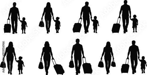 Family travel silhouettes set with parents and child walking with luggage bags isolated vector illustration on white background