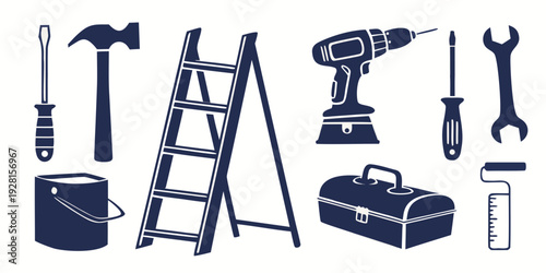 Assorted tools and equipment for various construction and repair tasks Vector