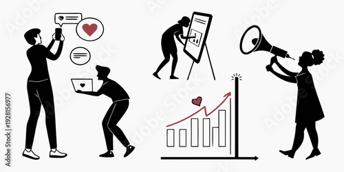Illustration of people engaging in various social media and marketing activities Vector