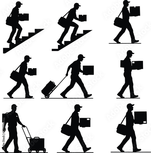 Businessman walking with luggage icon set