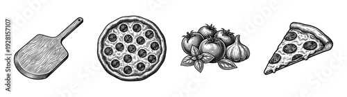 Vintage hand drawn engraving set featuring pepperoni pizza, wooden peel, tomatoes, garlic, and basil for restaurant menu design.