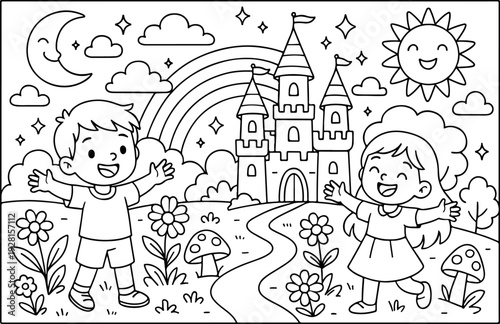 fairytale Magical Wonderland hand drawn vector illustration doodle art line art coloring page for kids