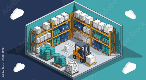 Warehouse Storage Facility with Forklift and Boxes.