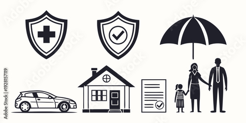 Illustrations of various insurance types and their symbols Vector