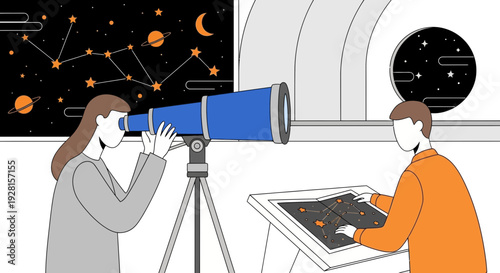 Woman and Man Using Telescope Together.
