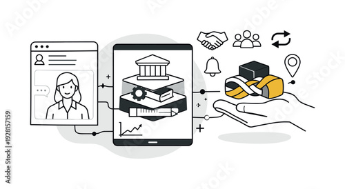 Modern minimal flat vector conceptual collage, crisp hard edges, consistent THIN outline stroke, rounded corners where needed,