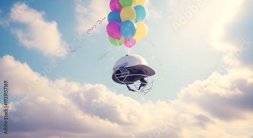 Cricket helmet soaring with colorful balloons in sky