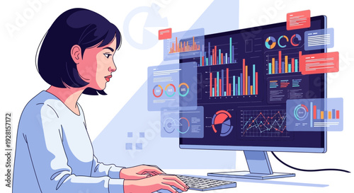 Woman analyzing data on computer screen.