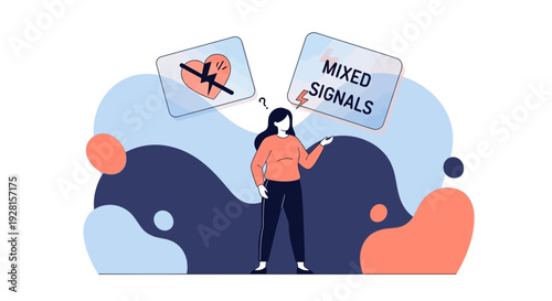 Woman Holding Mixed Signals Speech Bubbles.