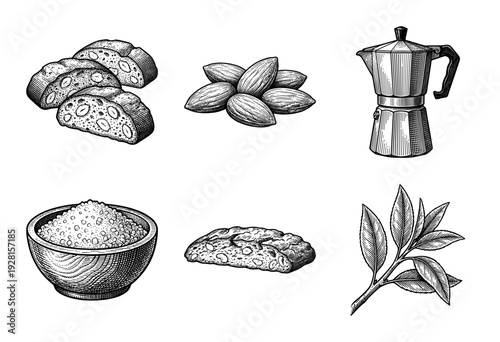 Vintage engraving style collection of italian biscotti cookies almonds moka pot coffee maker and sugar bowl on a white background.
