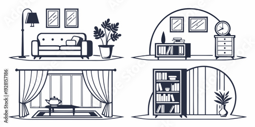 Four different types of cozy and charming small house designs. Vector