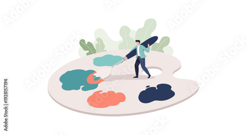 Woman Painting Colored Patches on Canvas.