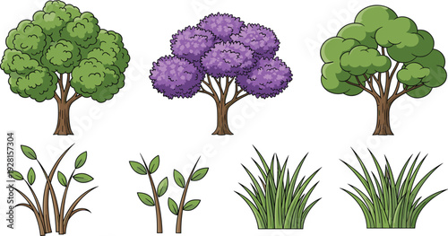 Cartoon tree and plant collection with leafy trees, shrubs and grass elements isolated on white background botanical vector illustration
