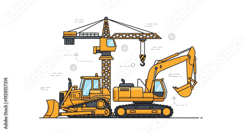 Construction machinery including a crane bulldozer and excavator depicted in a flat illustrative style silhouette high quality professional detailed modern