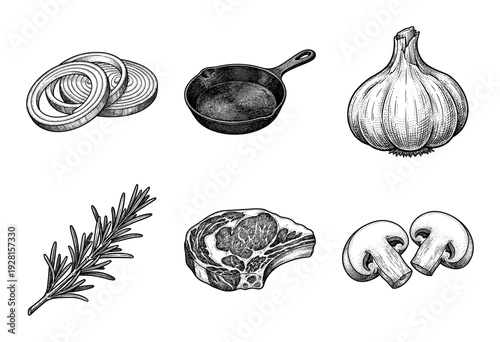 Vintage engraving style collection of steak house ingredients including ribeye beef, cast iron skillet, garlic, rosemary, mushrooms, and onion rings.